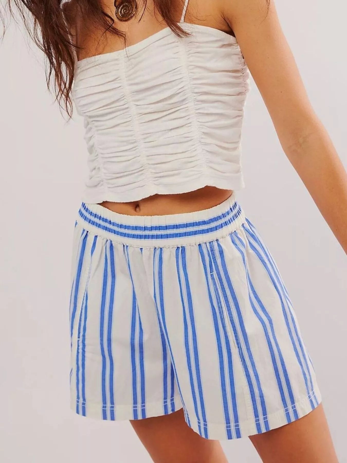 Striped elastic waist shorts women light blue pocketed casual summer front view