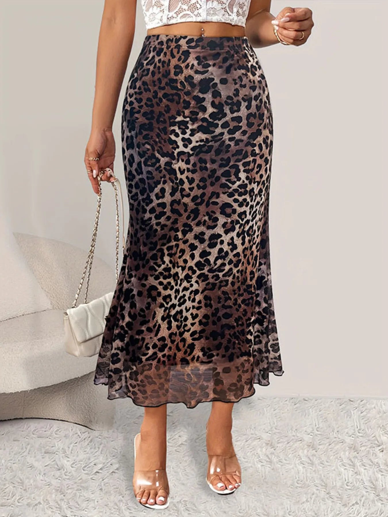 Leopard print midi mermaid skirt women ruffled hem lined front view