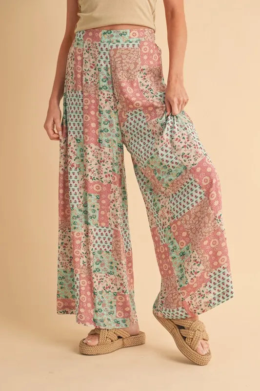 Printed Wide Leg Pants in Mint & Pink – front view, flowy rayon wide-leg silhouette