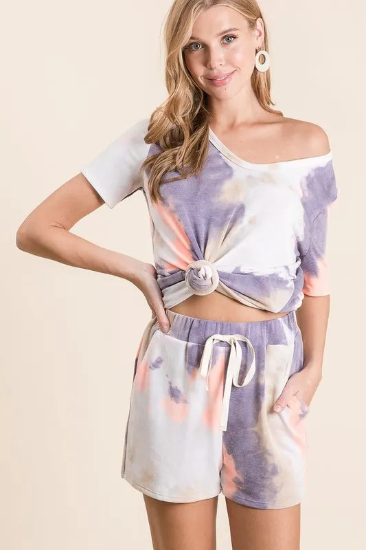 Tie dye terry shorts women lavender coral S-XL made in USA resort beach