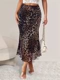 Midi mermaid skirt leopard print women ruffled hem fully lined date night