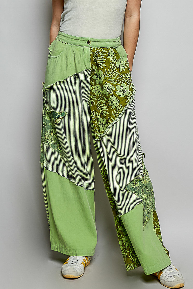 Patchwork wide leg pants women pistachio multi boho striped floral star patch front