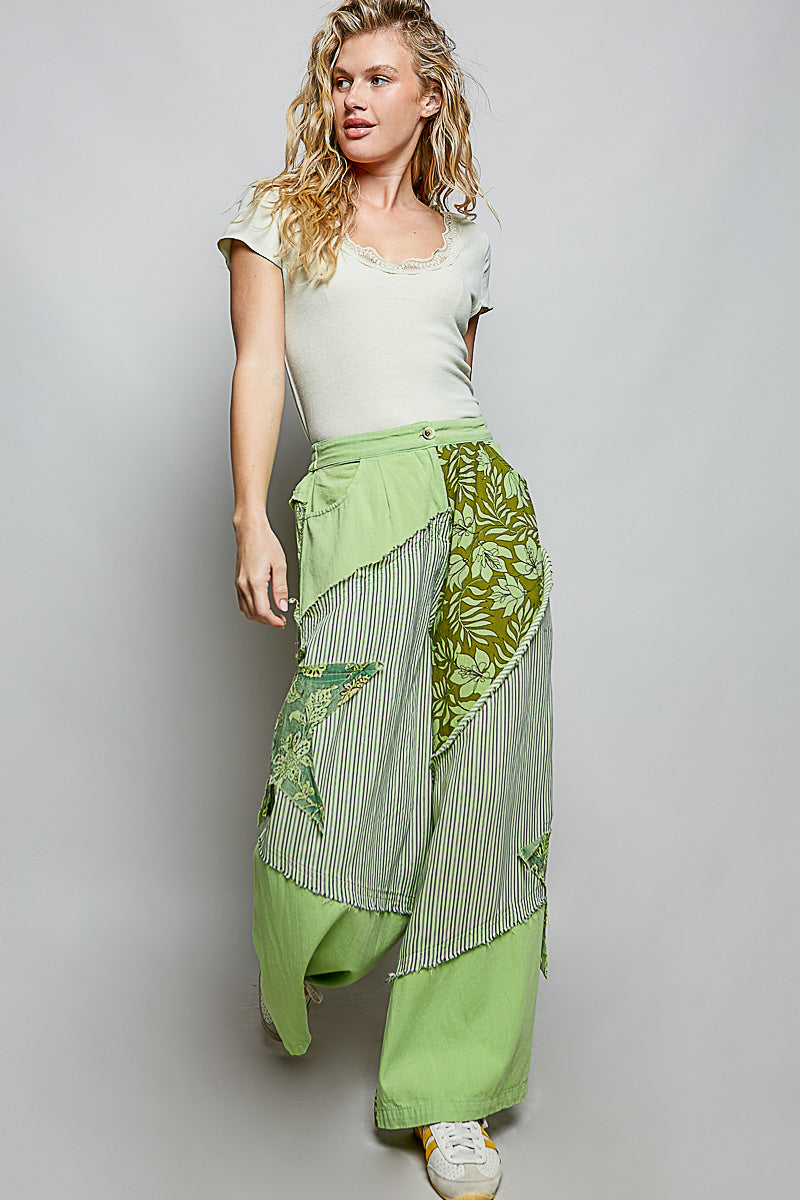 Boho patchwork wide leg trousers women pistachio multi S-L elastic waist pockets