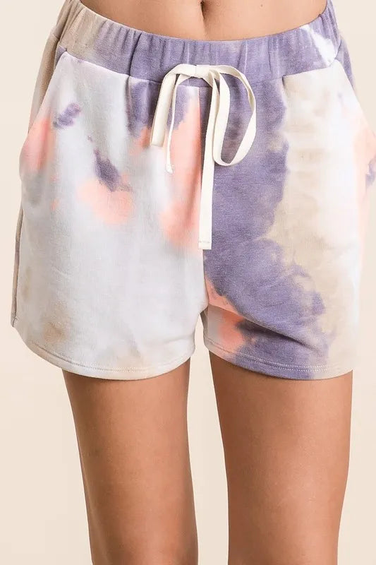 BiBi tie dye terry shorts women lavender coral drawstring pockets made in USA