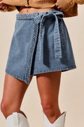 Women's wrap braided trim denim skort in blue – belted asymmetrical cotton blend skirt shorts, sizes S to XL